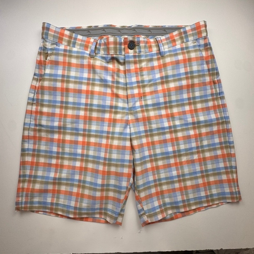 Tommy Bahama Mens Chip Shot Caddie Plaid Golf Shorts Orange Blue 35x9